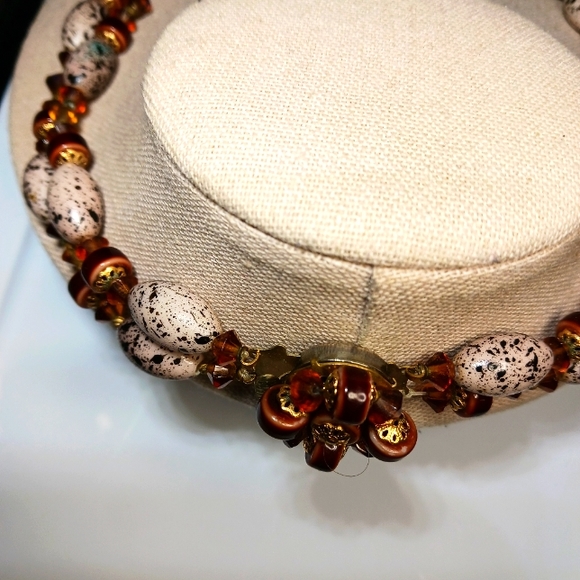 Pastel Speckled Robin's Egg Beads with Brown Crystal AB & Gold tone Necklace - Picture 5 of 8